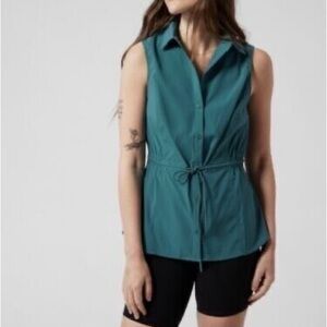 Athleta Levitate Poplin Tank Top Vest in Teal Green Button Down Women's Small